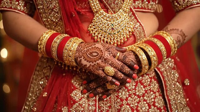 Close up of ornate bridal hands adorned with jewelry and henna designs