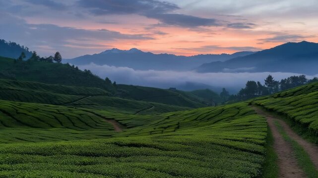 darjeeling tea plantations himalayan mountain landscape at sunset zoom in