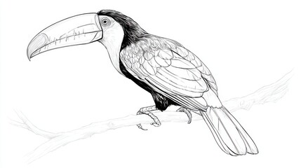 Obraz premium Detailed Line Drawing of a Tropical Bird Perched on a Branch