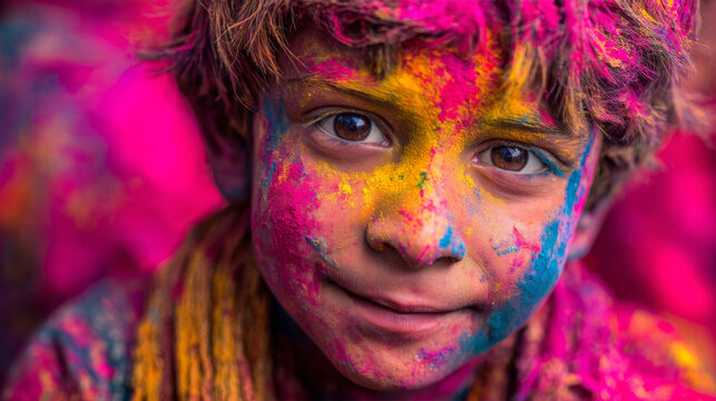 Smiling child at Holi festival with vibrant colors on face in joyful celebration
