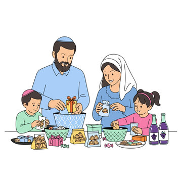 Jewish family preparing Mishloach Manot for Purim celebration  