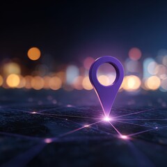 Purple Location Pin Marker on Digital Map with Glowing Lights in Night Cityscape