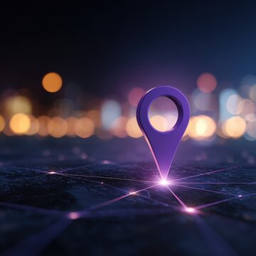 Purple Location Pin Marker on Digital Map with Glowing Lights in Night Cityscape