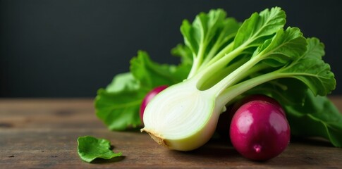 Juicy kohlrabi bulb & tender greens, ready for preparation , food photo, raw, closeup