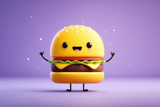 Cute Cartoon Hamburger Character with Happy Face and Outstretched Arms on Purple Background