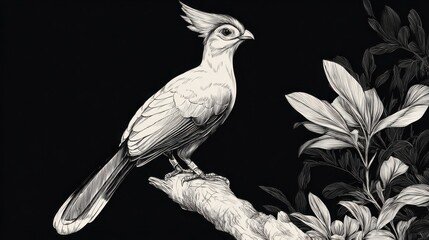 Fototapeta premium Detailed Sketch of Bird Perched on Branch with Leaves in Black Background