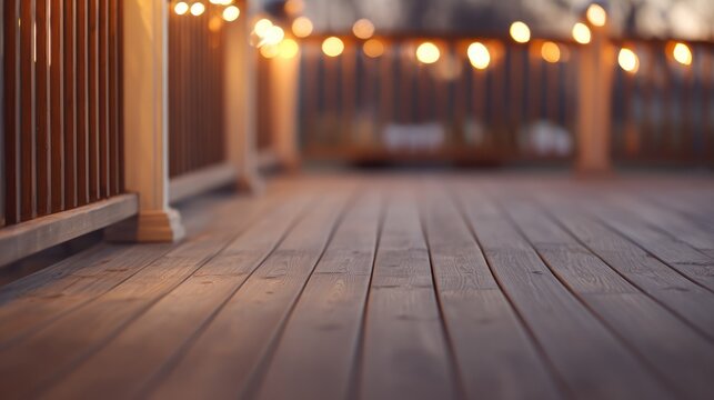 Wooden deck bathed in warm dusk light, creating a serene outdoor atmosphere with softly blurred surroundings. travel magazines.