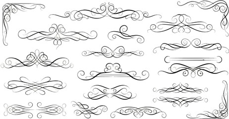 A collection of elegant black calligraphic flourishes, dividers, and corner ornaments on a white background