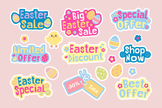 Bright kawaii style sale sticker set Cute characters, promotional labels including Sale, Best Offer, Shop Now, Easter Sale Perfect for online shops Ads Social media Packaging Festive marketing designs