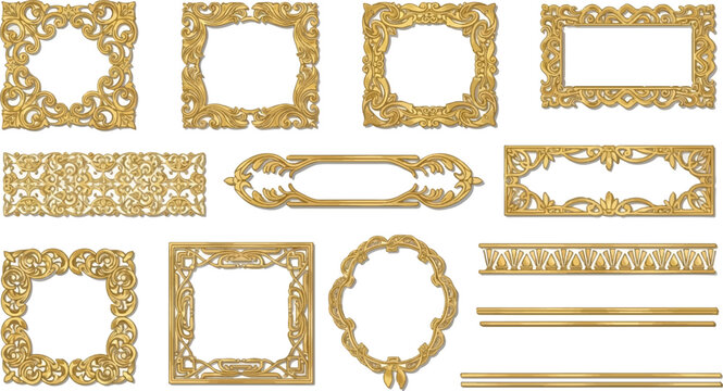 A collection of ornate golden frames and decorative borders with intricate scrollwork and floral designs