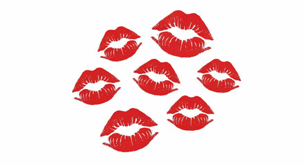 A collection of vibrant red lipstick kiss marks arranged on a pristine white background, forming a cluster