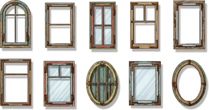 A collection of ten rustic, weathered window frames in various shapes and sizes, some with glass
