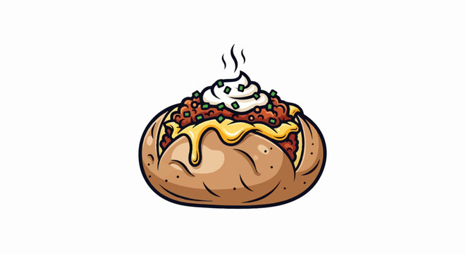 A colorful cartoon illustration of a hot baked potato loaded with chili, melted cheese, sour cream, and chives
