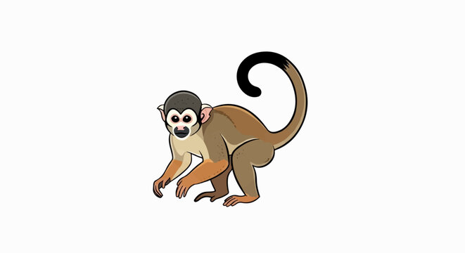 A colorful cartoon squirrel monkey illustration on a plain white background, facing forward