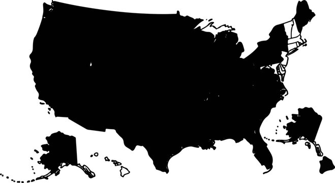 A minimalist black silhouette map of the contiguous United States, Alaska, and Hawaii on a white background