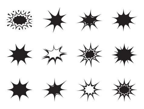 Collection of various comic book style explosion and burst elements for graphic design.