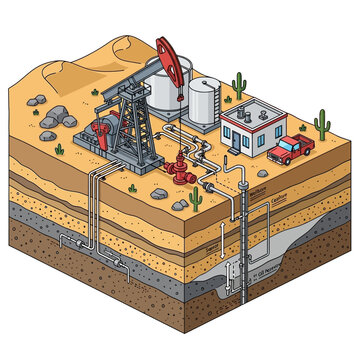 Isometric Cross-Section of Oil Extraction and Fracking Process.