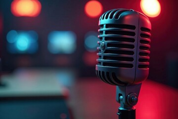 Large diaphragm retro condenser microphone close-up, metal, studio equipment, vintage audio equipment