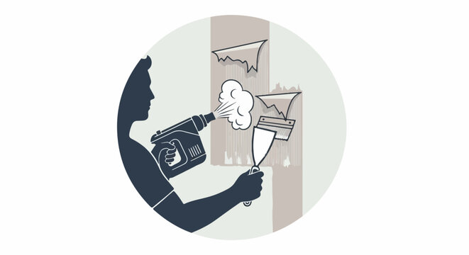A silhouette person uses a wallpaper steamer and scraper to remove old wallpaper from a wall