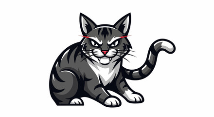 Obraz premium A gray and white striped cat mascot illustration with glowing red eyes and bared fangs on a white background