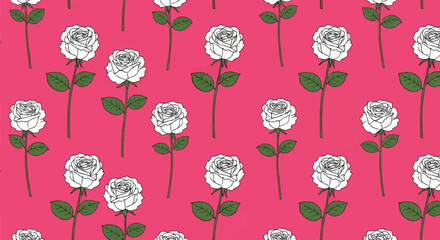 A vibrant seamless pattern featuring white roses with green leaves and stems on a hot pink background