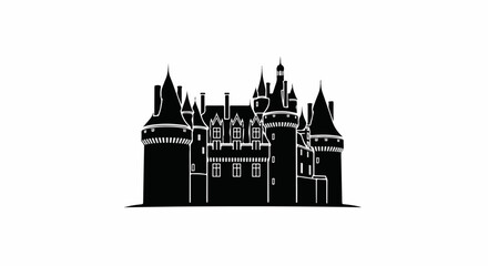 Fototapeta premium A stark black silhouette of a grand, historic castle with multiple towers and spires on a white background