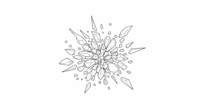 Abstract outline drawing of fragmented geometric shapes bursting outwards, resembling shattered ice or glass