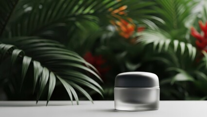 Fototapeta premium Cosmetic cream jar on white table with lush tropical greenery background, skincare product display