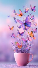 Naklejka premium Butterflies emerging from lavender in pink cup