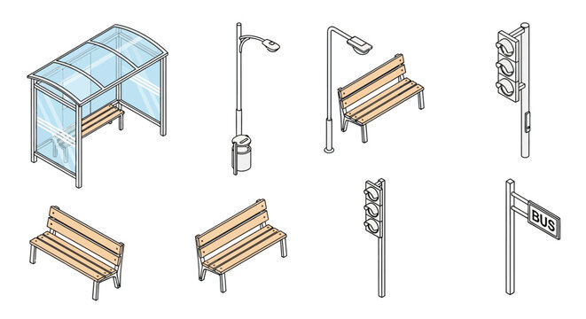 Isometric cityscape elements including a bus stop benches and streetlights