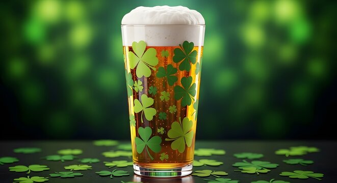 A glass of beer with shamrocks on st patrick's day
