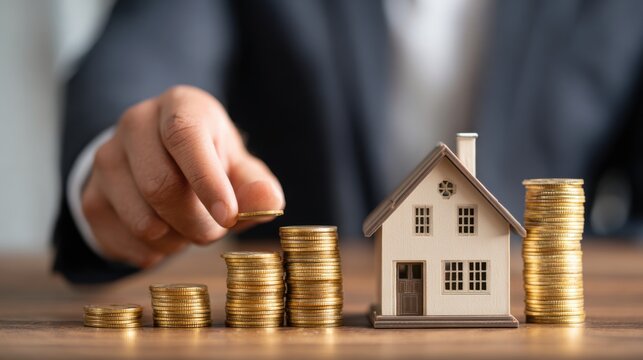 Businessman stacking coins near small house model for real estate investment concept.