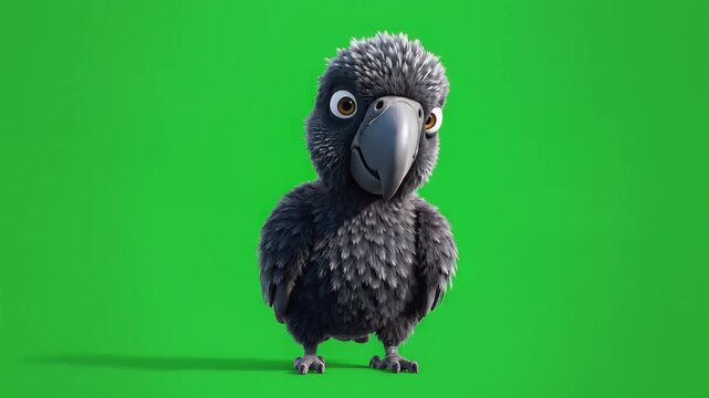 3D rendered cartoonish crow standing on a greenscreen background viewed from the front