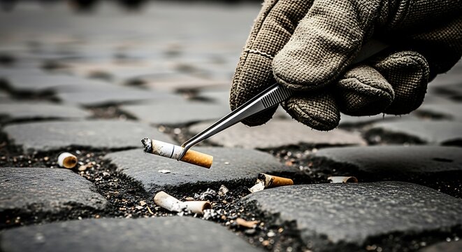 Gloved hand using tweezers to pick up cigarette butts from cobblestone street litter pollution