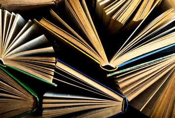 Naklejka premium Vintage Open Books Fanned Out Against Dark Background