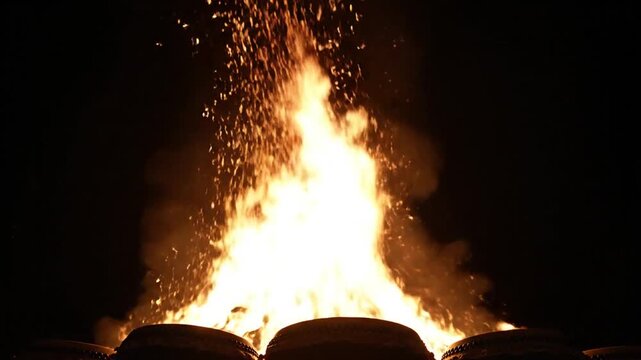 Static Shot of Intense Bonfire Flames Erupting with Sparks Over Taiko Drums