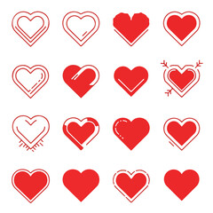 Vector Red Heart Icons Set. Diverse Love Symbols for Valentine's Day, Romance, Emotion, and UI Design. Graphic Elements Collection.