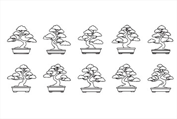 Fototapeta premium Bonsai Tree Line Art Icons Set - Japanese Zen Garden Miniature Tree Vector Illustrations