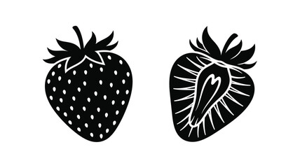 Two detailed strawberry illustrations presented as a striking black silhouette © md