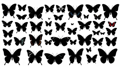 Fototapeta premium Collection of Black Butterfly Silhouettes on White Background