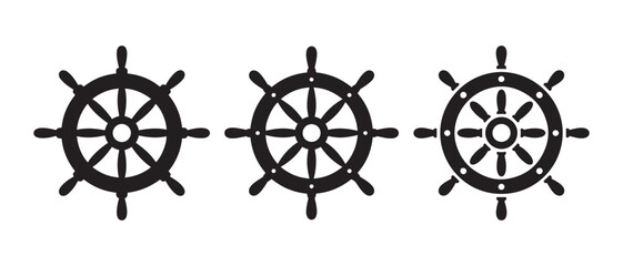 Black Ship Steering Wheels Icons. Isolated on White Background, Nautical Symbol of Navigation, Control and Direction. © Safali