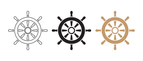 Set of Ship's Wheel Icons. Black Silhouette, Outline, and Golden Nautical Steering Wheel on White Background. © Safali