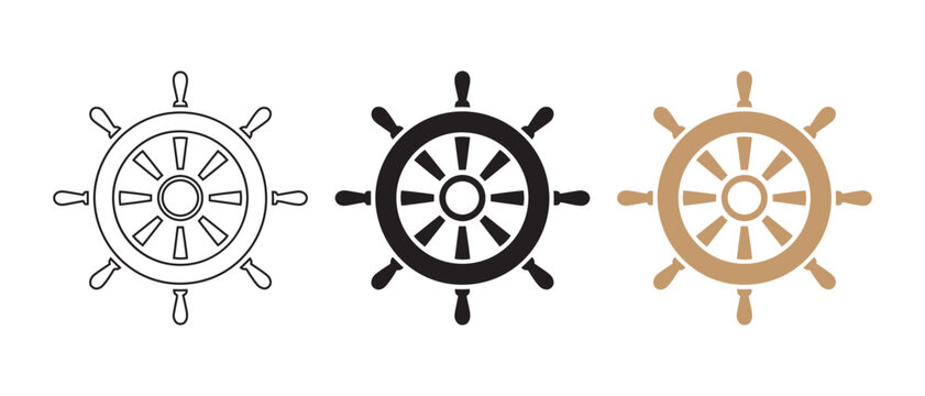 Set of Ship's Wheel Icons. Black Silhouette, Outline, and Golden Nautical Steering Wheel on White Background.