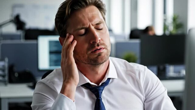 Businessman suffering from neck pain and headache in the office. Man rubbing his neck and wincing from stress. Workplace burnout and occupational health concept