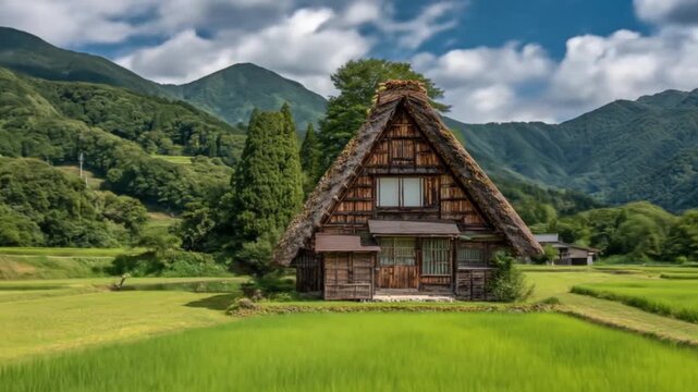 Traditional house in front of green fields and mountains under cloudy sky