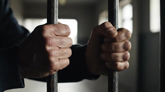 Close-up of a man's hands gripping prison bars. Prisoner confined in a jail cell. Concept of crime, justice, and loss of freedom
