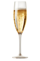 Transparent champagne flute with golden stem, photorealistic lighting, Isolated to Transparent Background