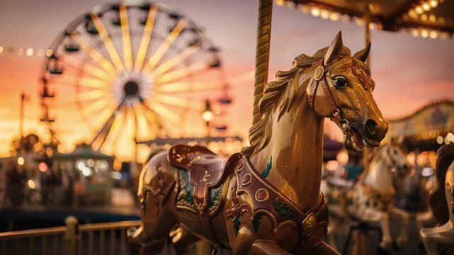 Closeup of a carousel horse sharply in focus with a softly blurred Ferris wheel and ride structures glowing warmly at sunset