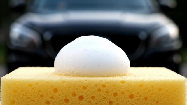 White foam lands on a yellow sponge, ready for cleaning. A car wash is implied by the blurred vehicle background.