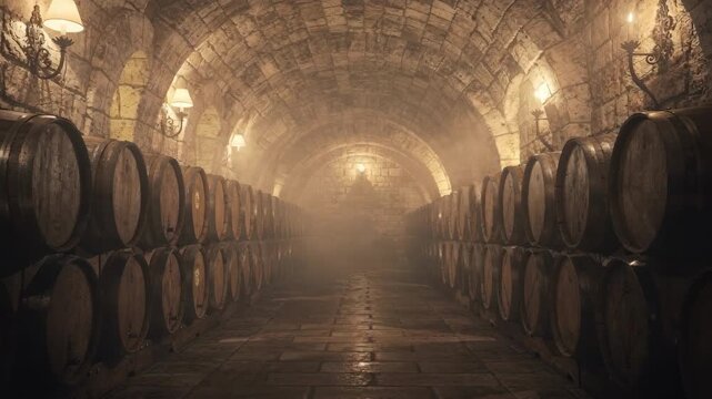 A medium shot showcasing an intimate wine cellar with rows of barrels arranged under vintage arched ceilings capturing the cellars depth and craftsmanship.